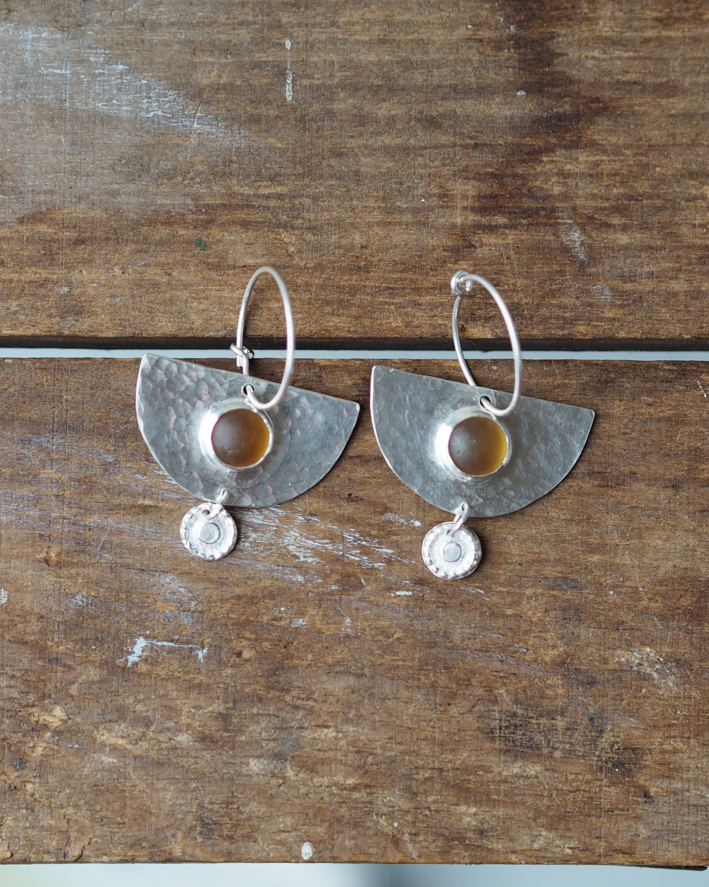 Amber Sea Glass Hoop Earrings